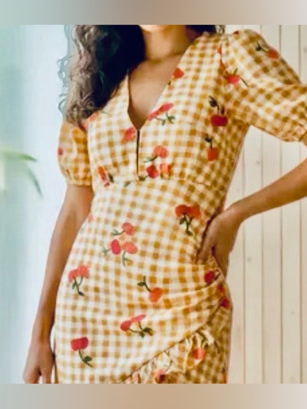 ⭐️HP ⭐️ FARM RIO Gingham Cherry Print Puff Sleeve Minidress - Picture 5 of 10